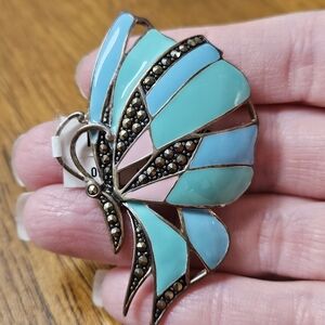 Vintage Signed Sterling China Butterfly Pin Brooch Enamel Marcasite stones- NWT